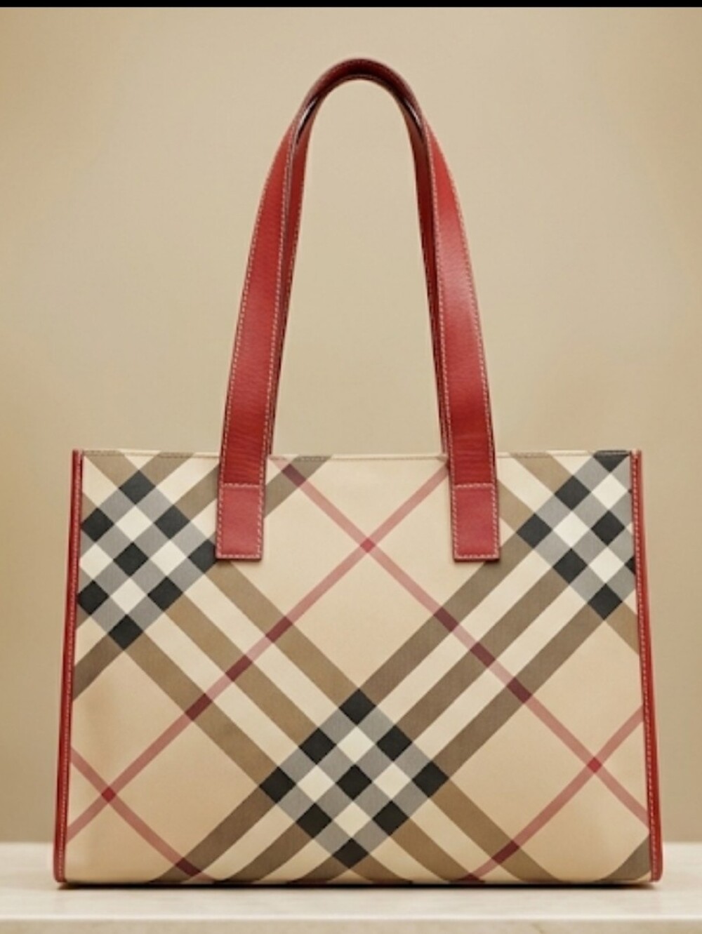 BURBERRY Classic Nova Check Plaid Tote Bag with Red Leather Trim